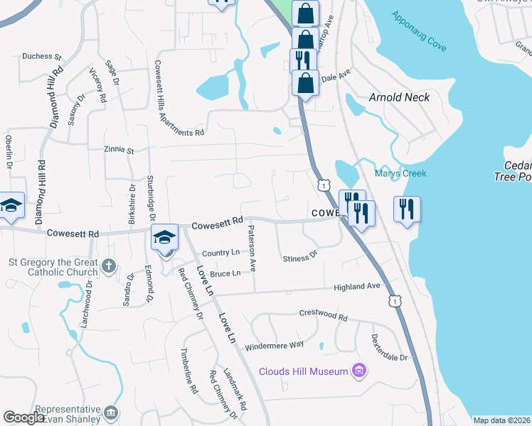 map of restaurants, bars, coffee shops, grocery stores, and more near 4 Tivoli Court in Warwick