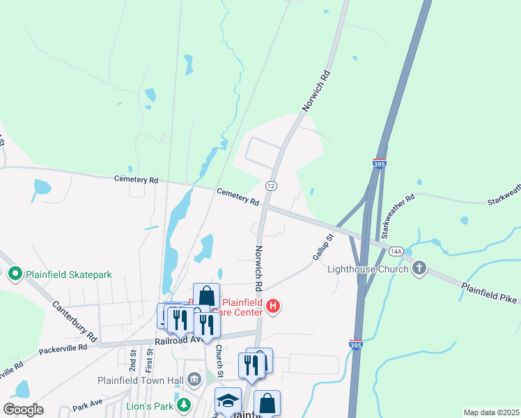 map of restaurants, bars, coffee shops, grocery stores, and more near 495 Norwich Road in Plainfield
