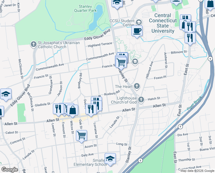 map of restaurants, bars, coffee shops, grocery stores, and more near 125 Stewart Street in New Britain