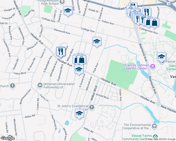 map of restaurants, bars, coffee shops, grocery stores, and more near 149 South Grand Avenue in Poughkeepsie
