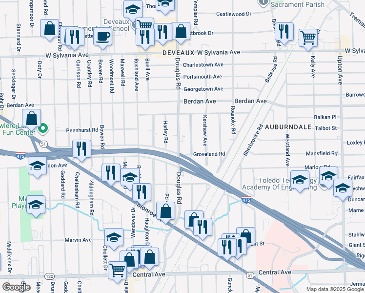 map of restaurants, bars, coffee shops, grocery stores, and more near 3635 Douglas Road in Toledo