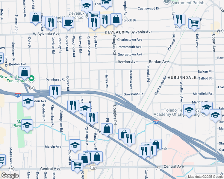 map of restaurants, bars, coffee shops, grocery stores, and more near 3635 Douglas Road in Toledo