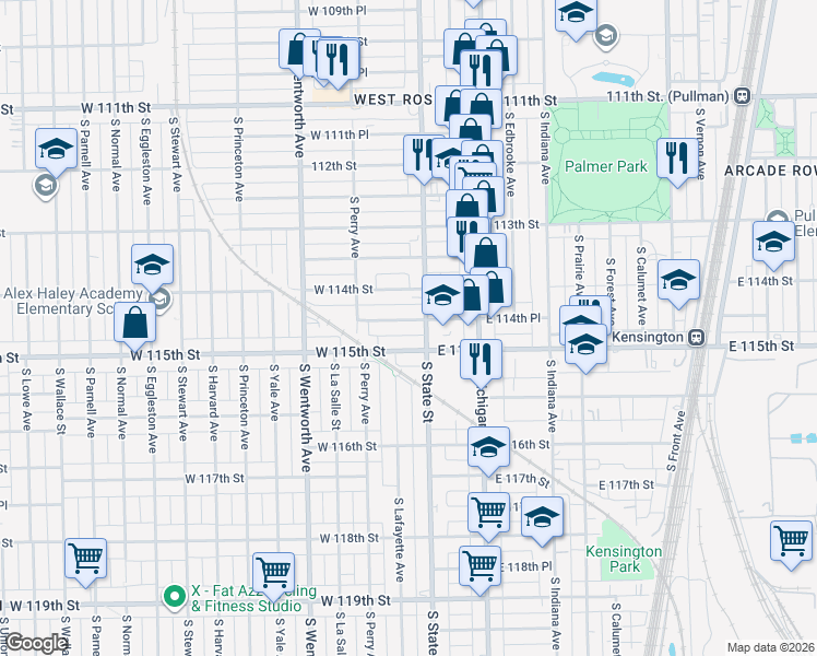 map of restaurants, bars, coffee shops, grocery stores, and more near 30 West 114th Place in Chicago
