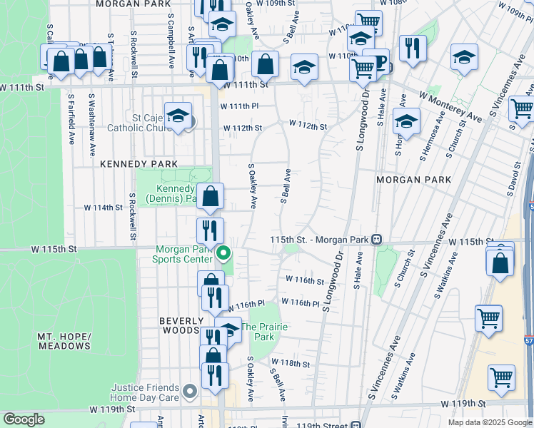 map of restaurants, bars, coffee shops, grocery stores, and more near 11400 South Bell Avenue in Chicago