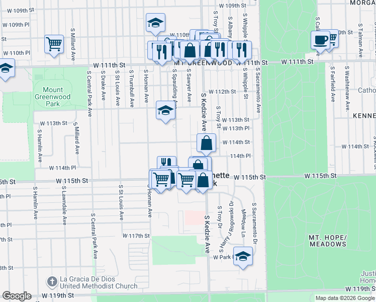 map of restaurants, bars, coffee shops, grocery stores, and more near 3233 West 114th Street in Chicago