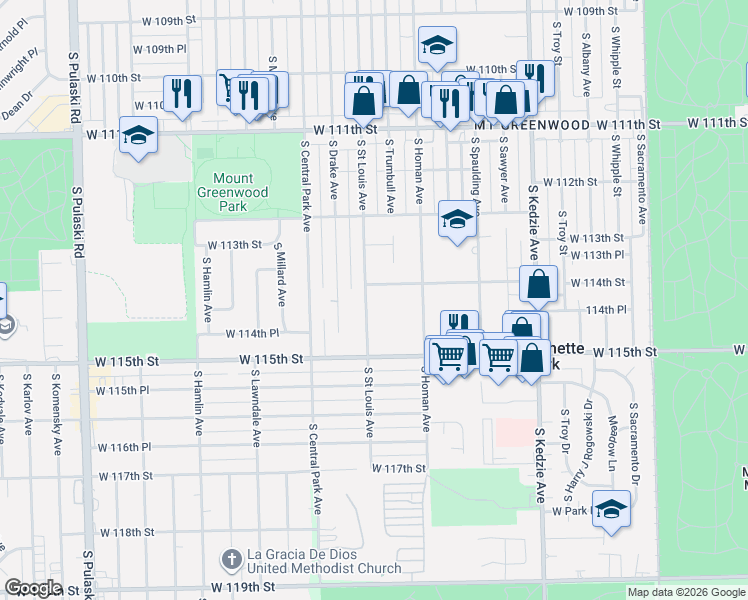 map of restaurants, bars, coffee shops, grocery stores, and more near 11342 South Saint Louis Avenue in Chicago