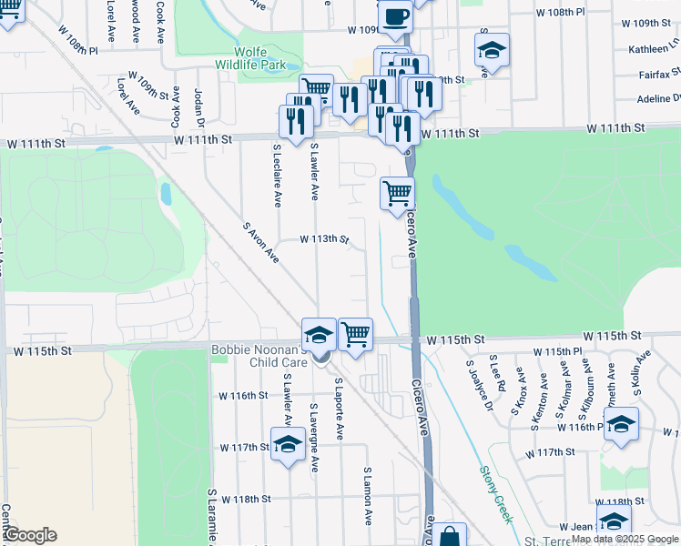 map of restaurants, bars, coffee shops, grocery stores, and more near 5120 West 113th Street in Alsip