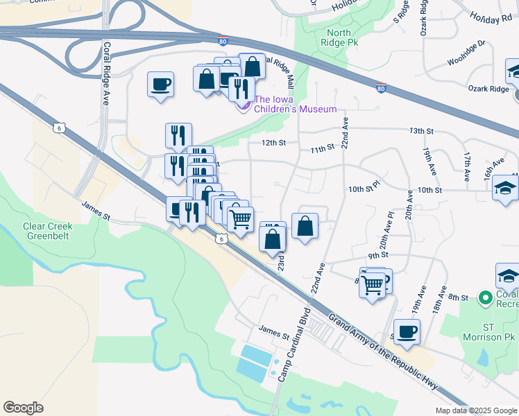 map of restaurants, bars, coffee shops, grocery stores, and more near 919 Boston Way in Coralville