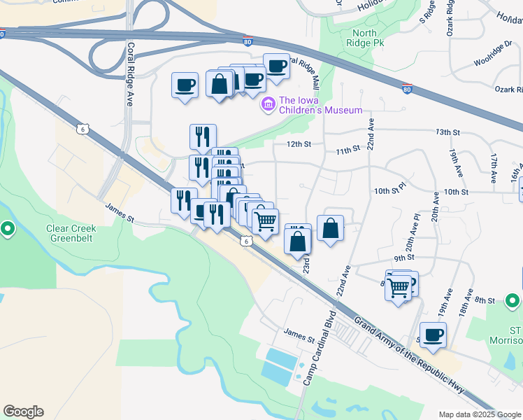 map of restaurants, bars, coffee shops, grocery stores, and more near 920B Boston Way in Coralville