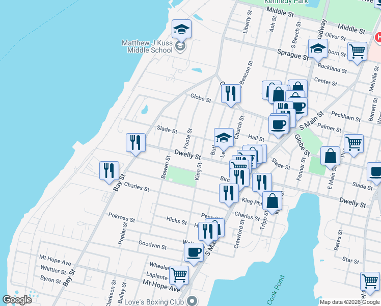 map of restaurants, bars, coffee shops, grocery stores, and more near 20 Fern Street in Fall River