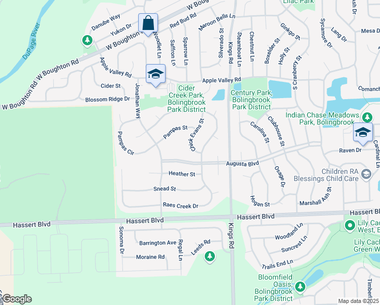 map of restaurants, bars, coffee shops, grocery stores, and more near 329 Chick Evans Street in Bolingbrook
