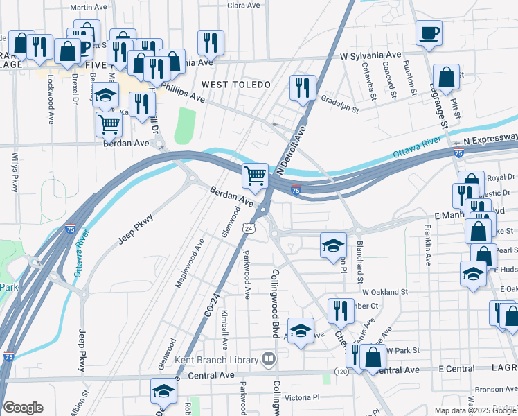 map of restaurants, bars, coffee shops, grocery stores, and more near North Detroit Avenue in Toledo
