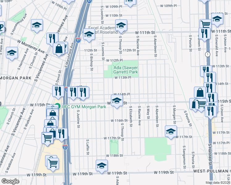 map of restaurants, bars, coffee shops, grocery stores, and more near 11403 South Ada Street in Chicago