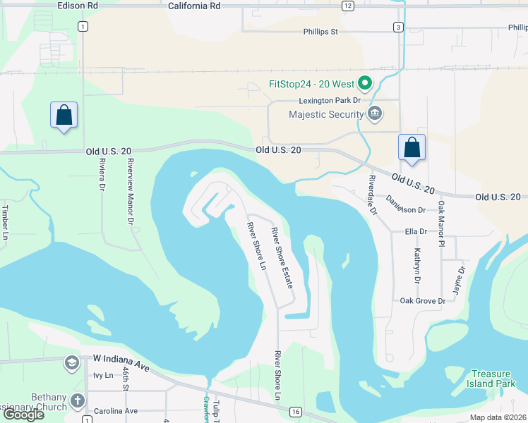 map of restaurants, bars, coffee shops, grocery stores, and more near 29421 River Shore Estate in Elkhart