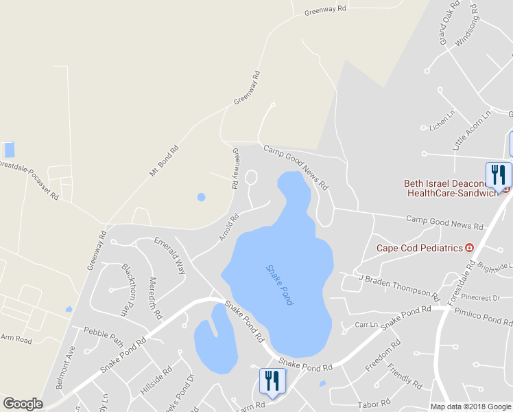 map of restaurants, bars, coffee shops, grocery stores, and more near 8 Racoon Lane in Sandwich