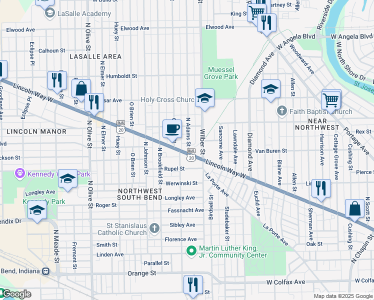 map of restaurants, bars, coffee shops, grocery stores, and more near 1636 Lincoln Way West in South Bend