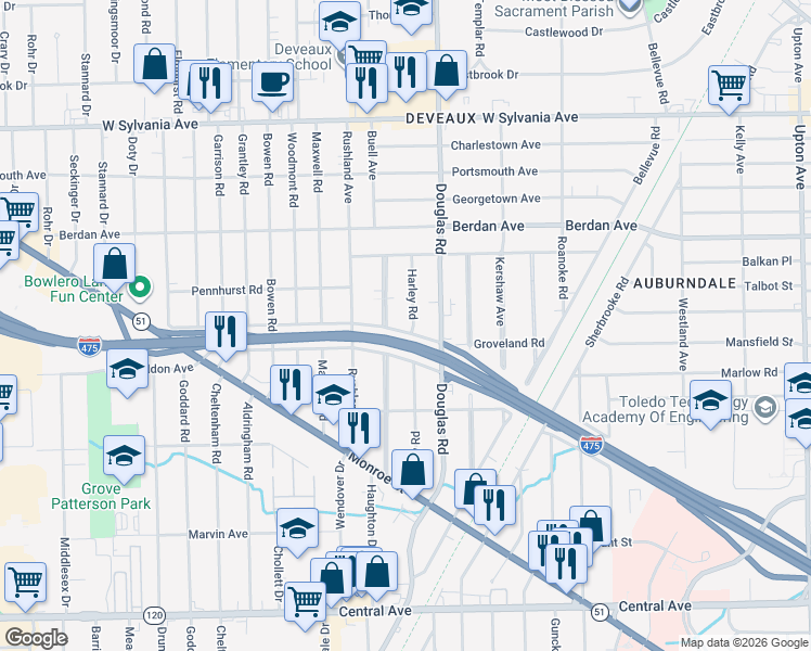 map of restaurants, bars, coffee shops, grocery stores, and more near 3640 Wyckliffe Parkway in Toledo