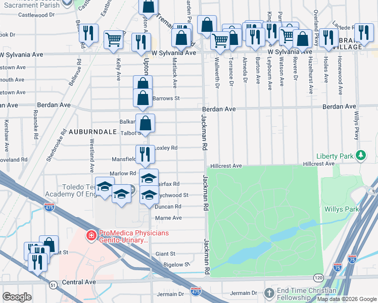 map of restaurants, bars, coffee shops, grocery stores, and more near 1736 Loxley Road in Toledo