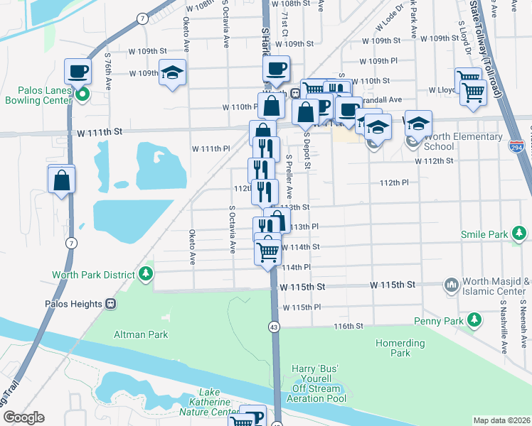 map of restaurants, bars, coffee shops, grocery stores, and more near 11302 South Harlem Avenue in Worth