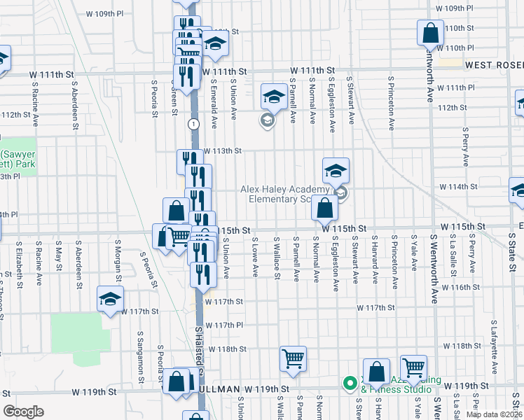 map of restaurants, bars, coffee shops, grocery stores, and more near 11414 South Wallace Street in Chicago