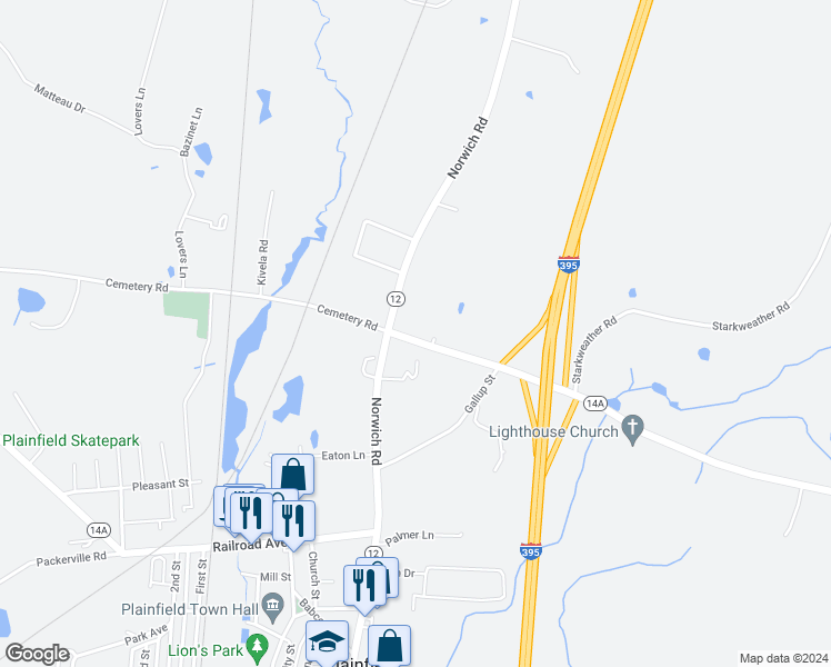 map of restaurants, bars, coffee shops, grocery stores, and more near 20 Academy Hill Road in Plainfield