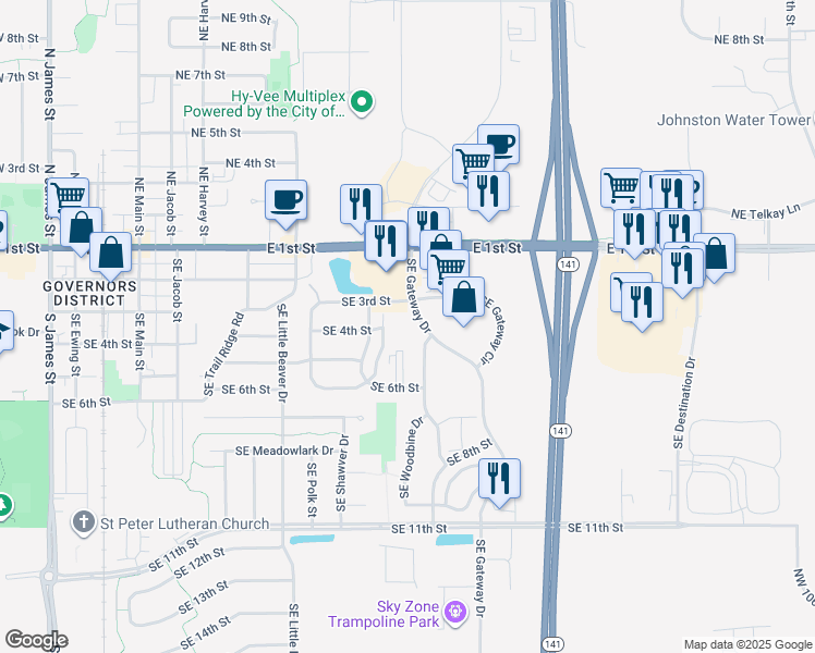 map of restaurants, bars, coffee shops, grocery stores, and more near 310 Southeast Gateway Drive in Grimes