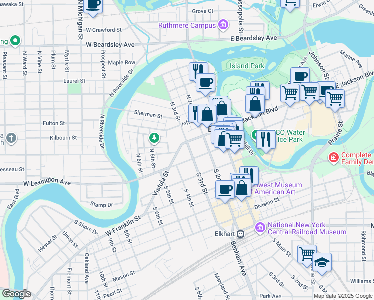 map of restaurants, bars, coffee shops, grocery stores, and more near 310 West Jackson Boulevard in Elkhart