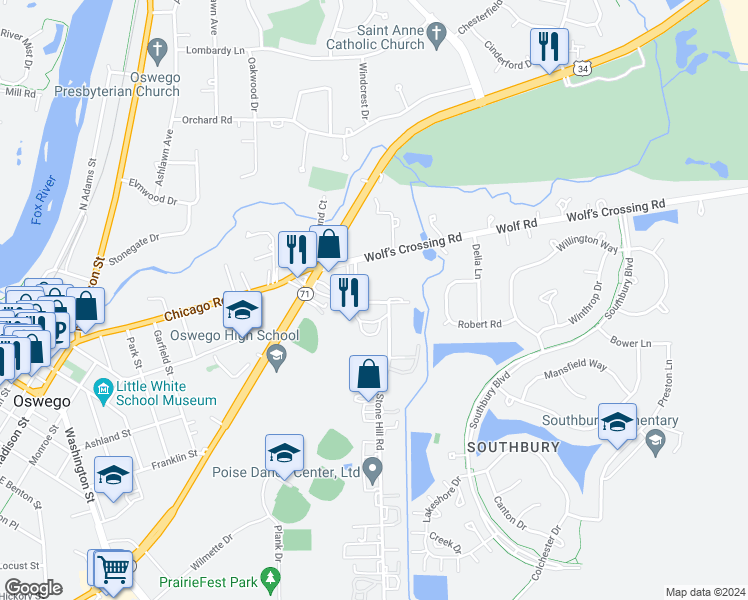 map of restaurants, bars, coffee shops, grocery stores, and more near 10 Stone Hill Road in Oswego