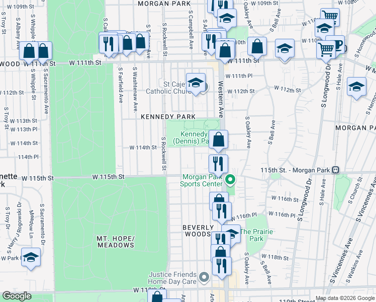 map of restaurants, bars, coffee shops, grocery stores, and more near 2511 W 114th St in Chicago