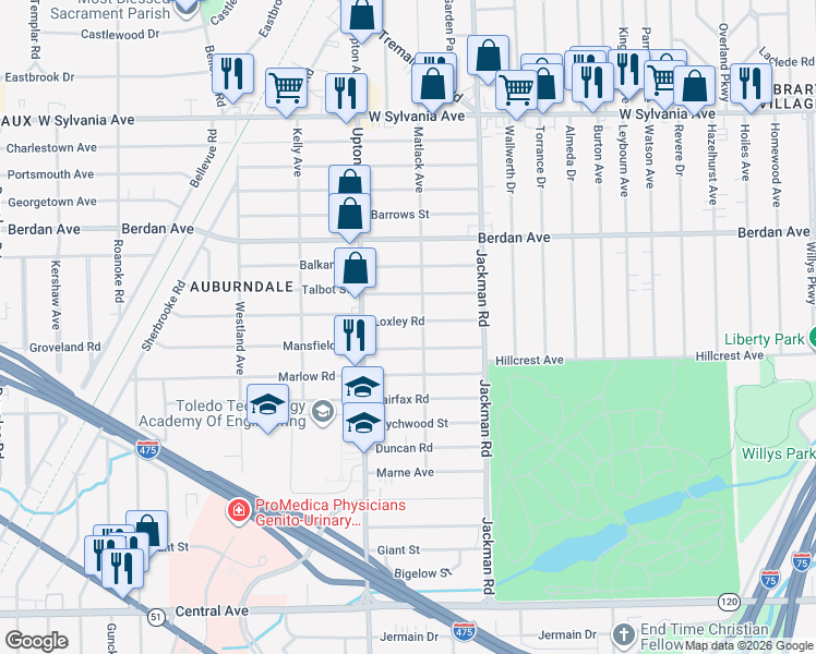 map of restaurants, bars, coffee shops, grocery stores, and more near 1814 Loxley Road in Toledo