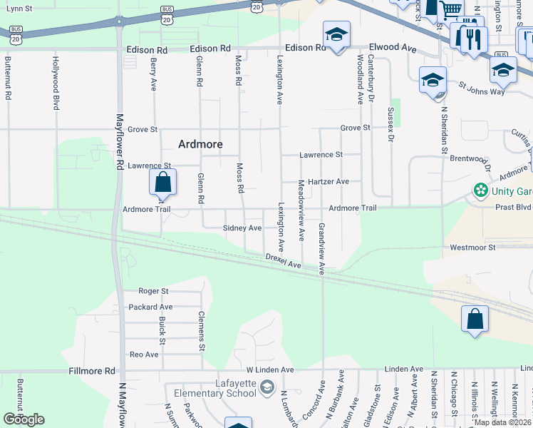 map of restaurants, bars, coffee shops, grocery stores, and more near 22925 Ardmore Trail in South Bend
