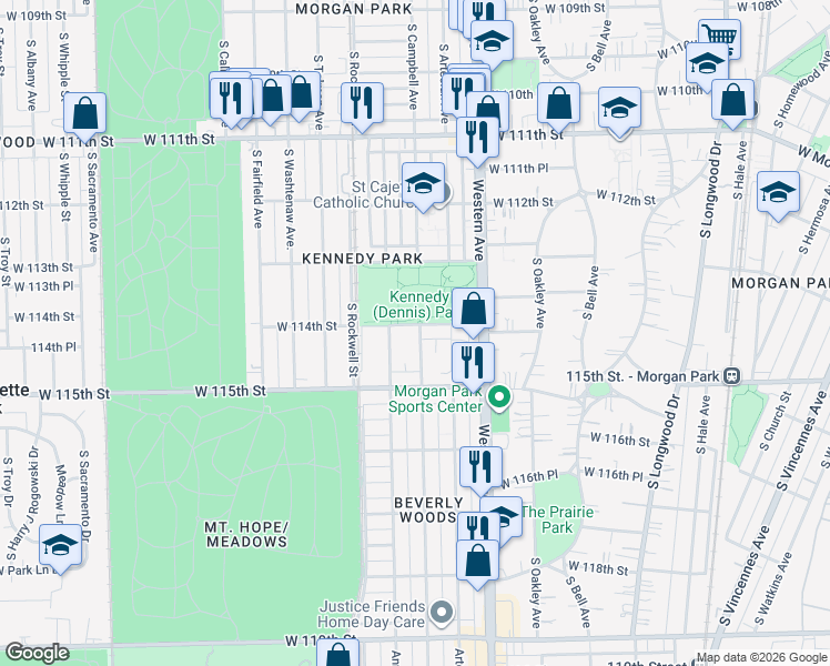 map of restaurants, bars, coffee shops, grocery stores, and more near 2511 West 114th Street in Chicago