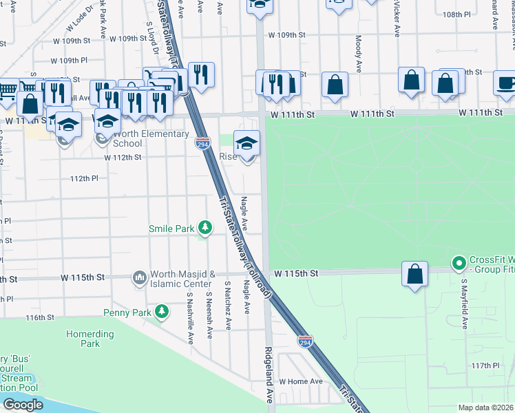 map of restaurants, bars, coffee shops, grocery stores, and more near 11300 South Ridgeland Avenue in Worth
