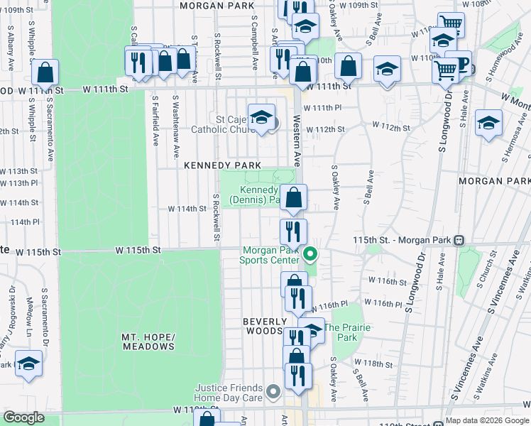 map of restaurants, bars, coffee shops, grocery stores, and more near 2435 West 114th Street in Chicago