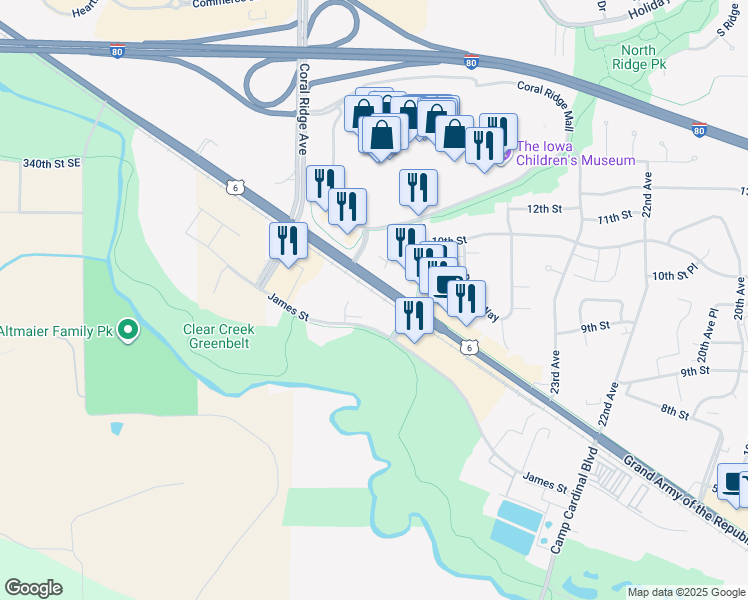 map of restaurants, bars, coffee shops, grocery stores, and more near 2451-2639 Grand Army of the Republic Hwy in Coralville
