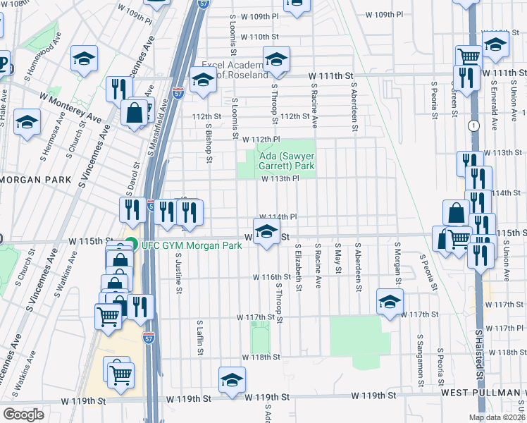 map of restaurants, bars, coffee shops, grocery stores, and more near 11403 South Ada Street in Chicago
