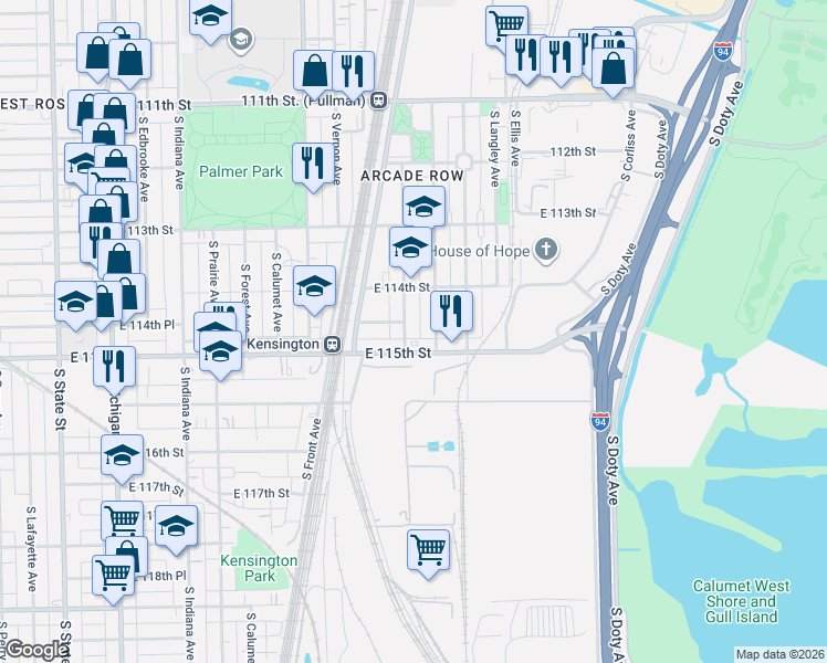 map of restaurants, bars, coffee shops, grocery stores, and more near 11429 South Forrestville Avenue in Chicago