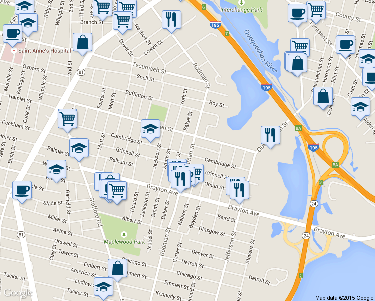 map of restaurants, bars, coffee shops, grocery stores, and more near 164 Baker Street in Fall River