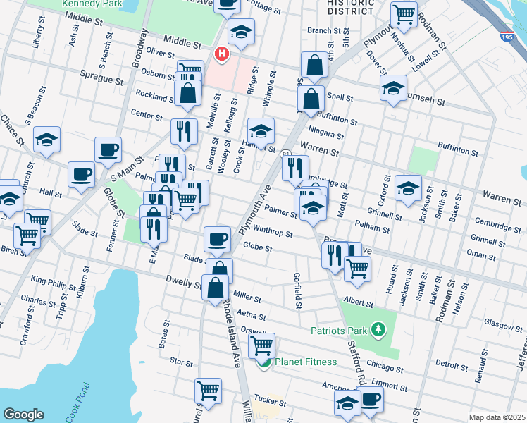 map of restaurants, bars, coffee shops, grocery stores, and more near 1232 Plymouth Avenue in Fall River