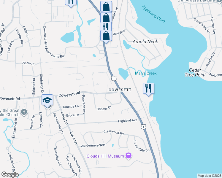 map of restaurants, bars, coffee shops, grocery stores, and more near 49 Rice Street in Warwick