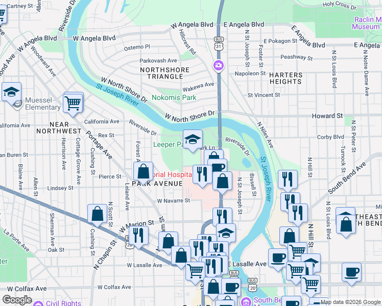 map of restaurants, bars, coffee shops, grocery stores, and more near 231 Park Lane in South Bend