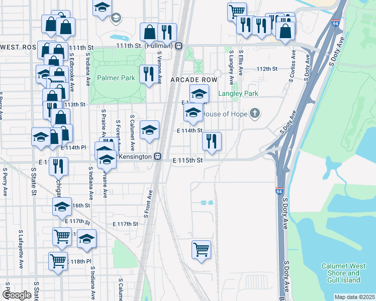 map of restaurants, bars, coffee shops, grocery stores, and more near 11429 South Forrestville Avenue in Chicago