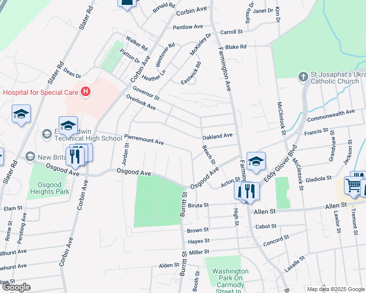 map of restaurants, bars, coffee shops, grocery stores, and more near 120 Oakland Avenue in New Britain