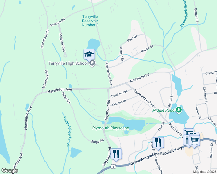map of restaurants, bars, coffee shops, grocery stores, and more near 132 North Harwinton Avenue in Plymouth