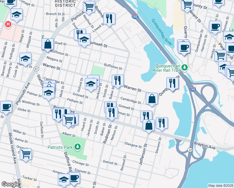 map of restaurants, bars, coffee shops, grocery stores, and more near 1199 Rodman Street in Fall River
