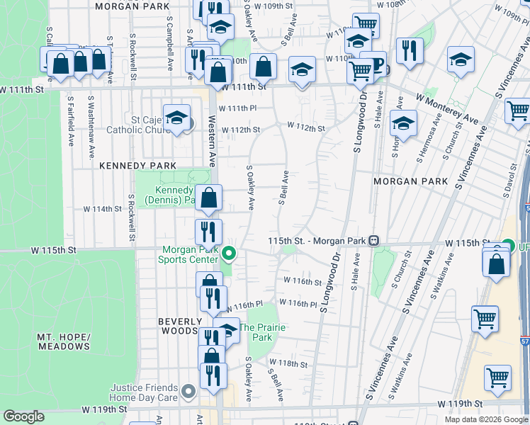 map of restaurants, bars, coffee shops, grocery stores, and more near 11400 South Bell Avenue in Chicago