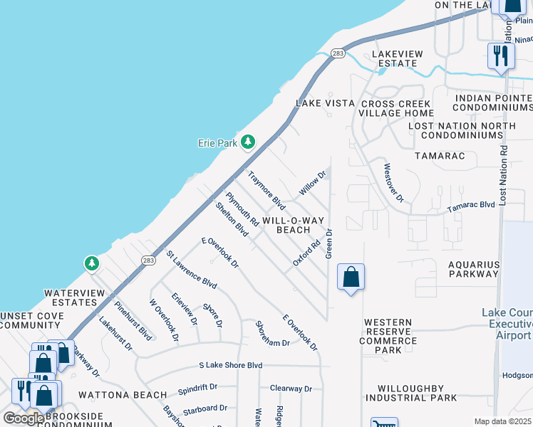 map of restaurants, bars, coffee shops, grocery stores, and more near 37398 Willow Drive in Eastlake