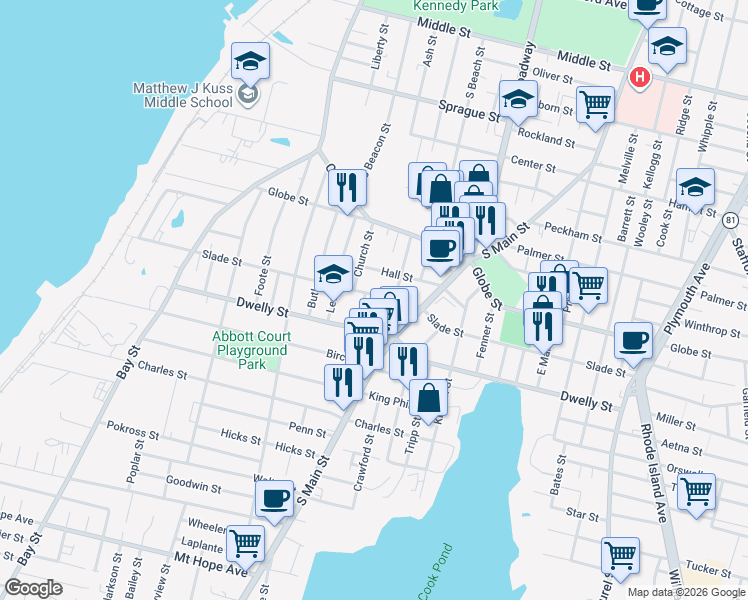map of restaurants, bars, coffee shops, grocery stores, and more near 608 Slade Street in Fall River