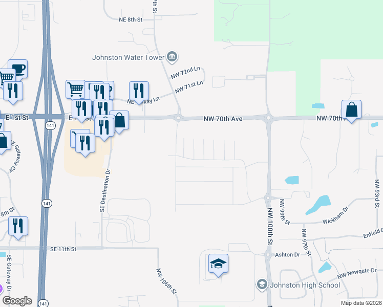 map of restaurants, bars, coffee shops, grocery stores, and more near 10522 Northwest 70th Avenue in Grimes