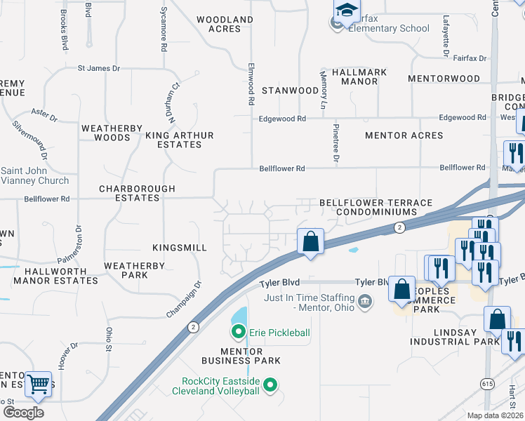 map of restaurants, bars, coffee shops, grocery stores, and more near 7997 Independence Drive in Mentor